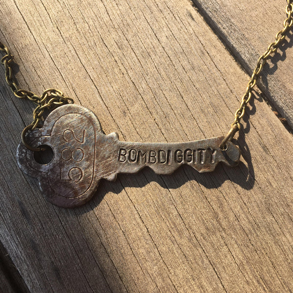 Vintage Horizontal BOMBDIGGITY Stamped Key Necklace